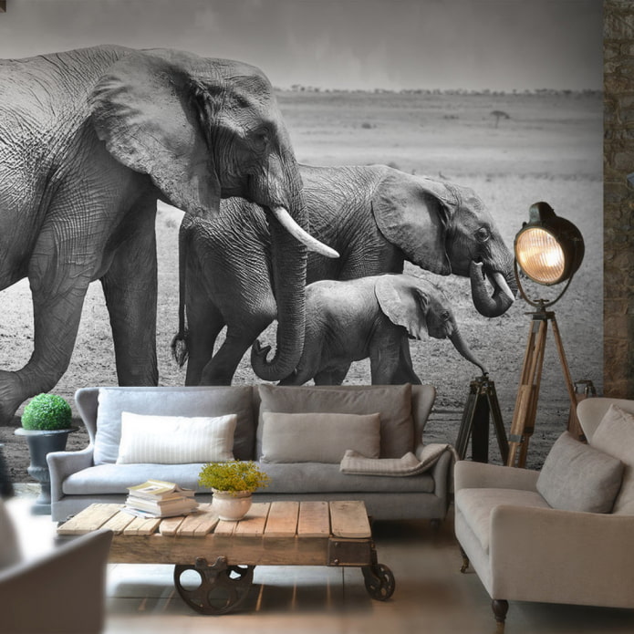 papel de parede fotográfico em preto e branco no interior