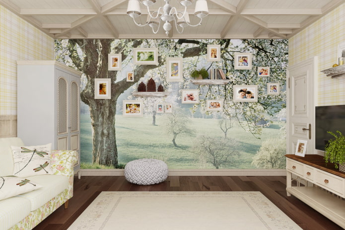 papel de parede fotográfico na sala de estar no estilo provençal