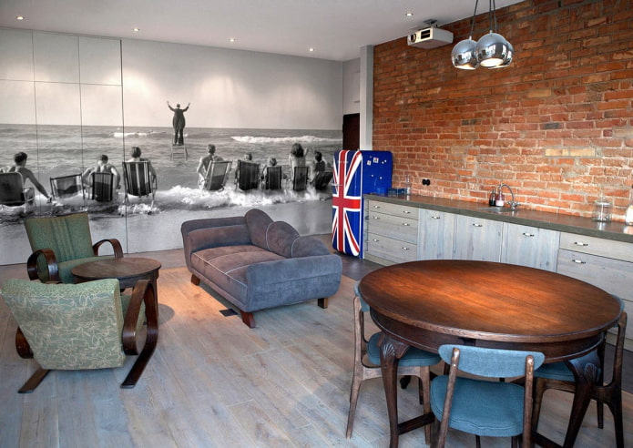 papel de parede fotográfico no interior em estilo loft