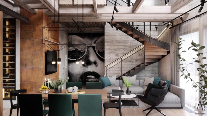 papel de parede fotográfico no interior em estilo loft