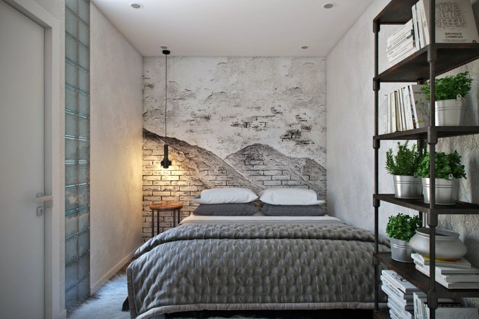 papel de parede fotográfico preto e branco na parede do quarto, decorado em estilo loft