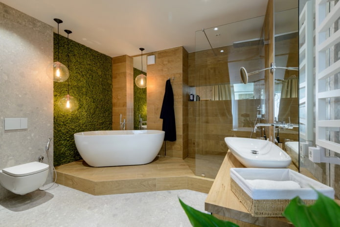 banheiro espaçoso em estilo ecológico