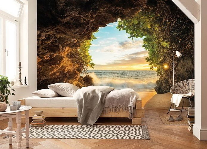 Papel de parede 3D com a natureza no quarto