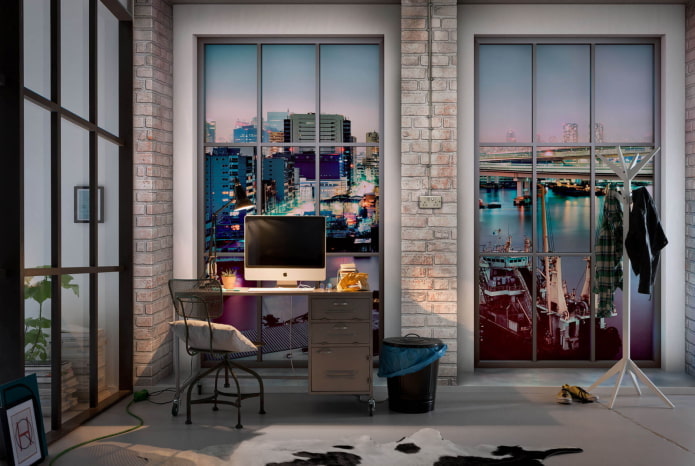 Papel de parede 3D com vista da janela do escritório