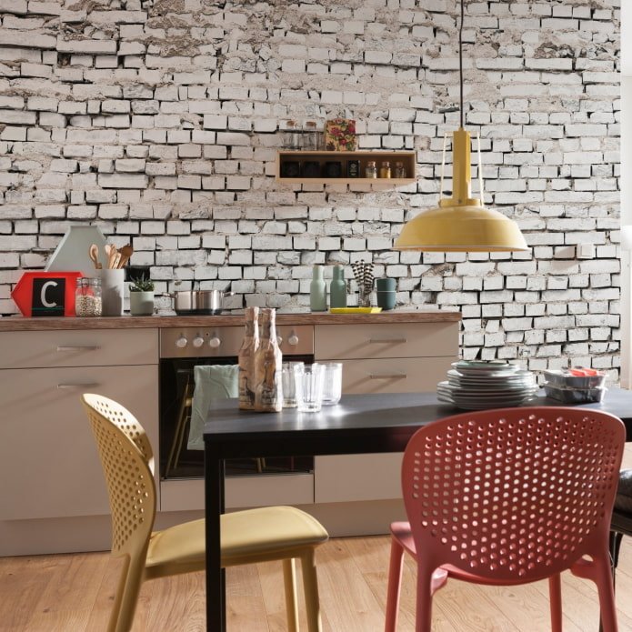 Papel de parede de tijolos 3D no interior da cozinha