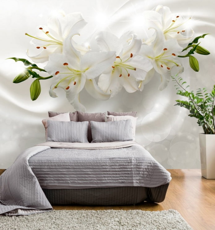 Papel de parede 3D com flores no interior do quarto