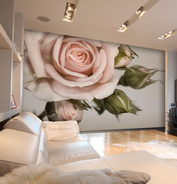 Papel de parede 3D com flores no interior da sala de estar