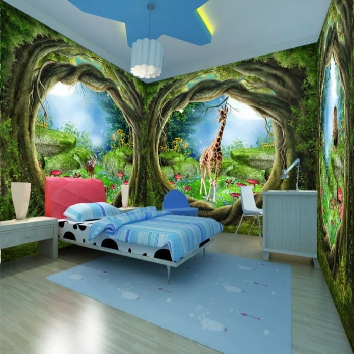 Papel de parede fotográfico 3D no interior do quarto de um menino