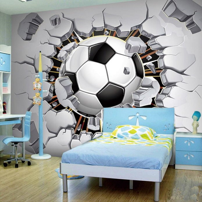 Papel de parede fotográfico 3D no interior do quarto de um menino
