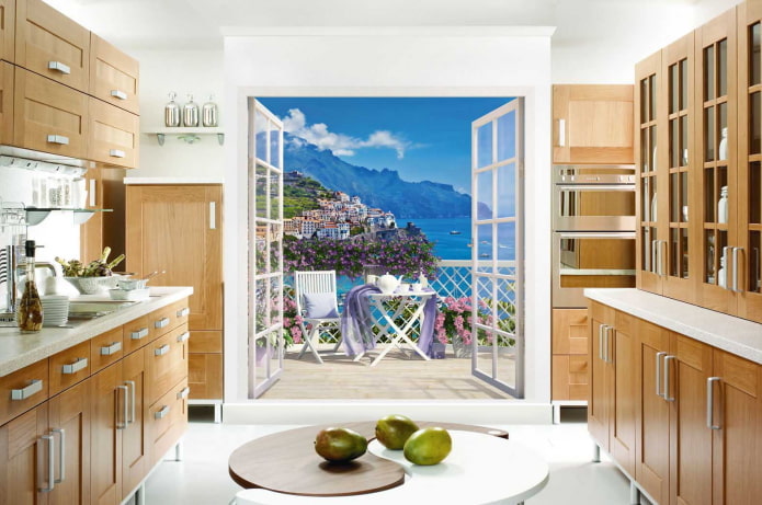 Papel de parede fotográfico 3D no interior da cozinha