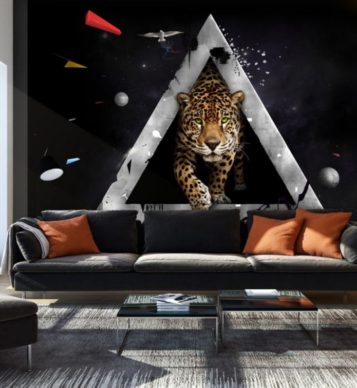 Papel de parede fotográfico 3D com uma chita no interior da sala de estar