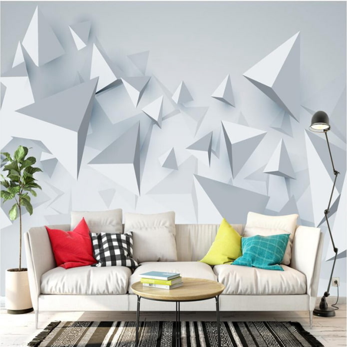 Papel de parede 3D com geometria no interior da sala de estar