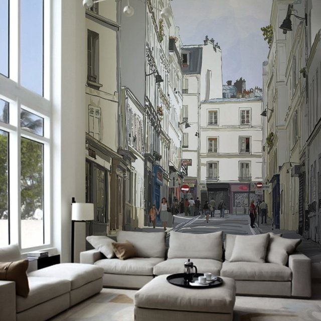 Papel de parede 3D com uma imagem de uma cidade na sala de estar