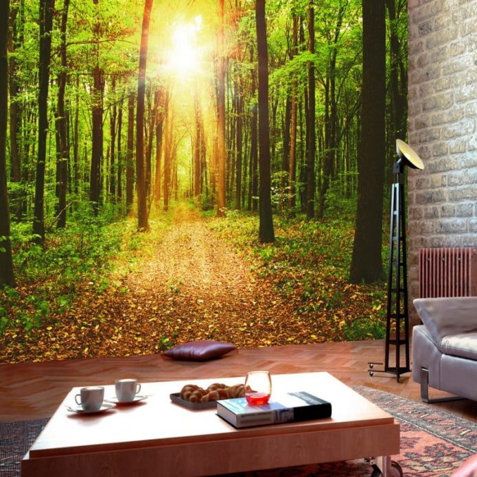 Papel de parede 3D com a natureza no quarto