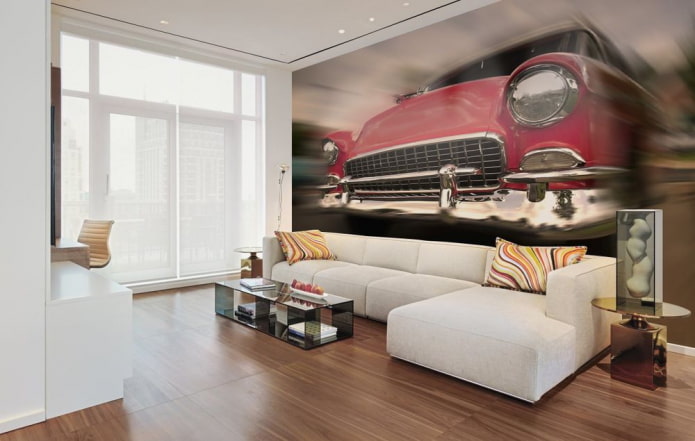 Papel de parede fotográfico 3D com um carro na sala de estar