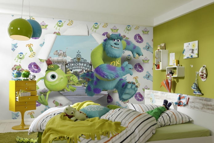 Papel de parede fotográfico 3D no interior do quarto de um menino