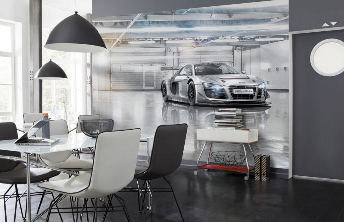 Papel de parede fotográfico 3D com um carro na sala de jantar