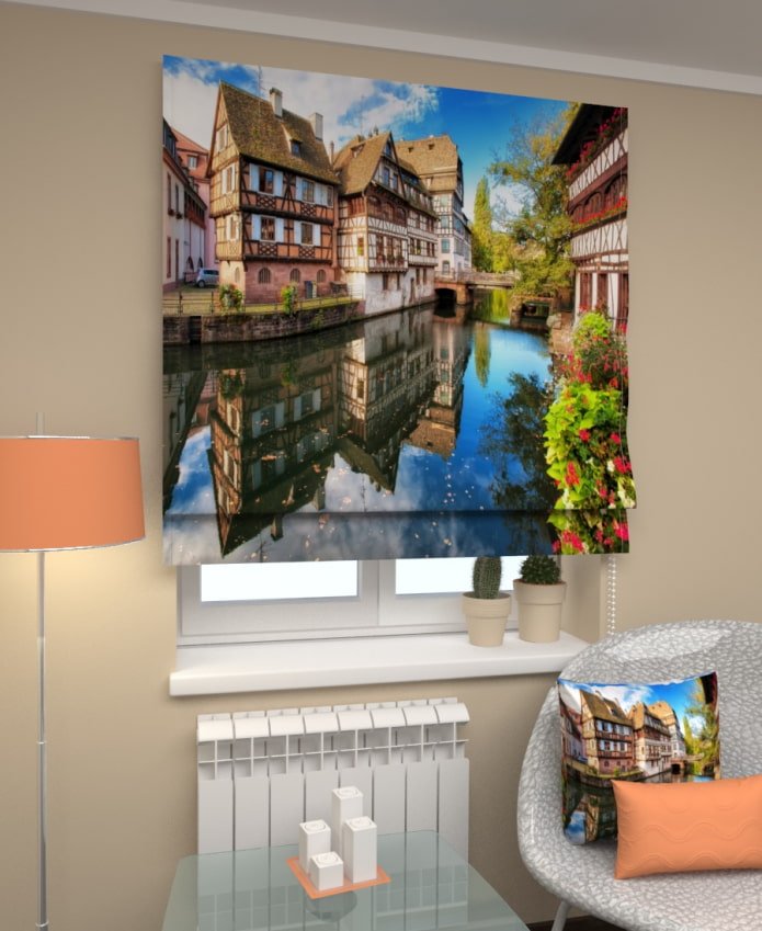 Persianas romanas 3D com imagem de casas