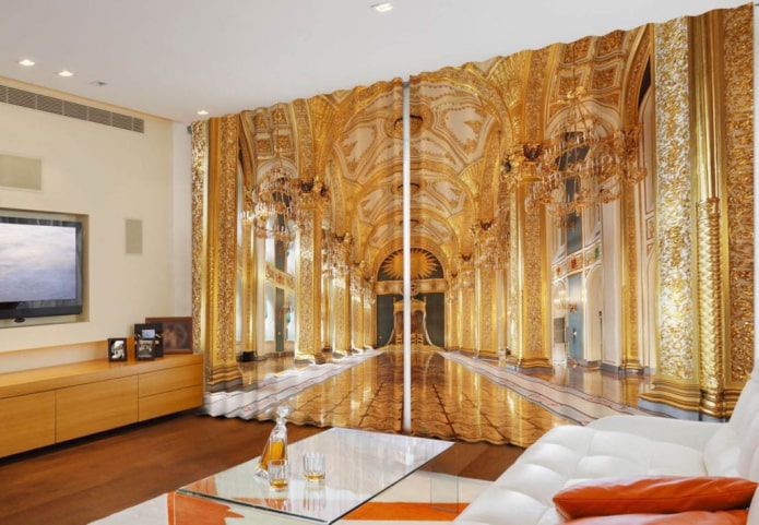 longas cortinas 3D com a imagem do interior do palácio