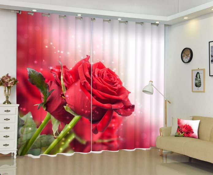 Cortinas 3D com a imagem de uma rosa