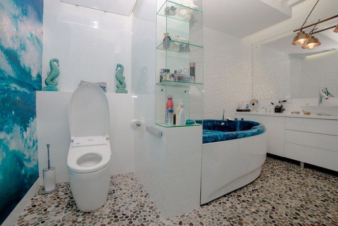 piso do banheiro feito de pequenas pedras
