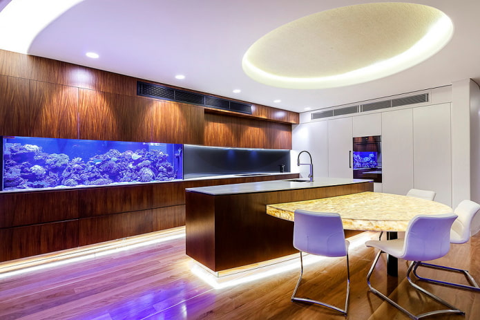 interior da cozinha com aquário