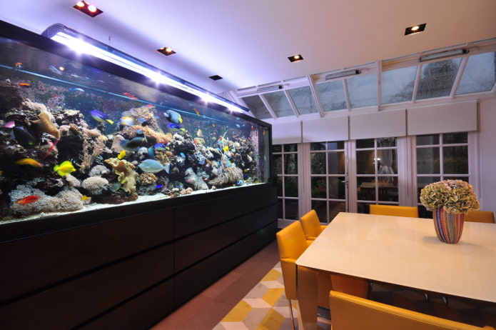 interior com um aquário de chão