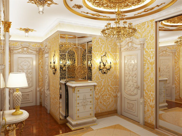 papel de parede não tecido branco e dourado com um grande padrão floral