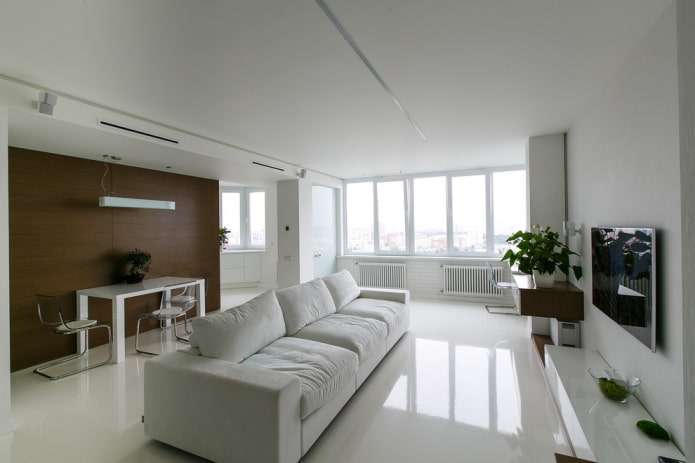 decoração de sala de estar em tons de branco