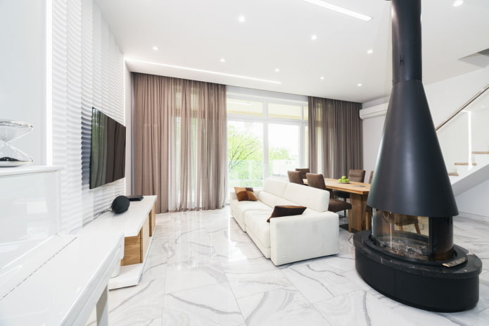 design de interiores de sala de estar em tons de branco