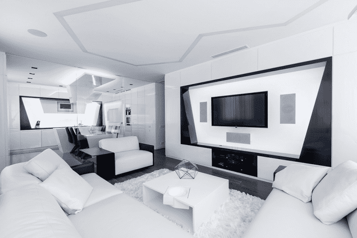 sala de estar em tons de branco em estilo hi-tech