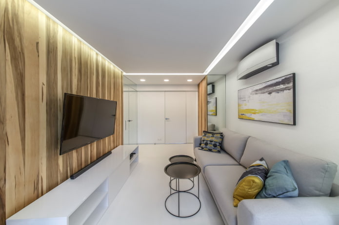 design de interiores de sala de estar em tons de branco
