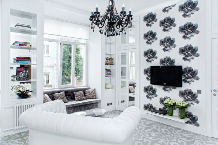 decoração de sala de estar em tons de branco