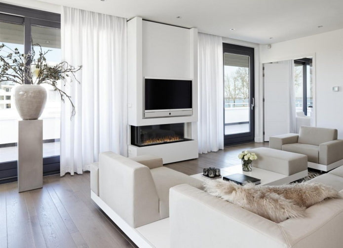 cortinas na sala de estar em tons de branco