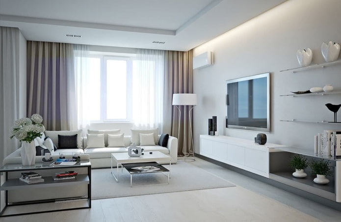 cortinas na sala de estar em tons de branco