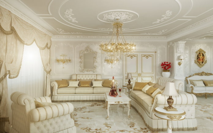 sala de estar em tons de branco em estilo clássico