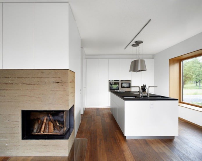 lareira em um ambiente branco Cozinha em estilo minimalista
