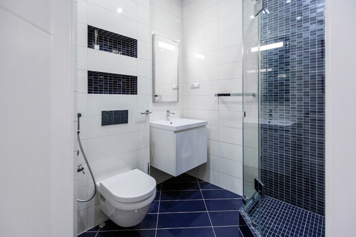 interior de banheiro branco e azul