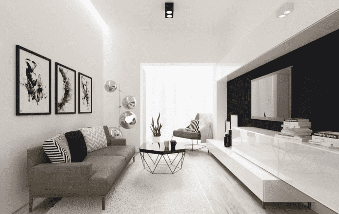 Sala de estar em preto e branco