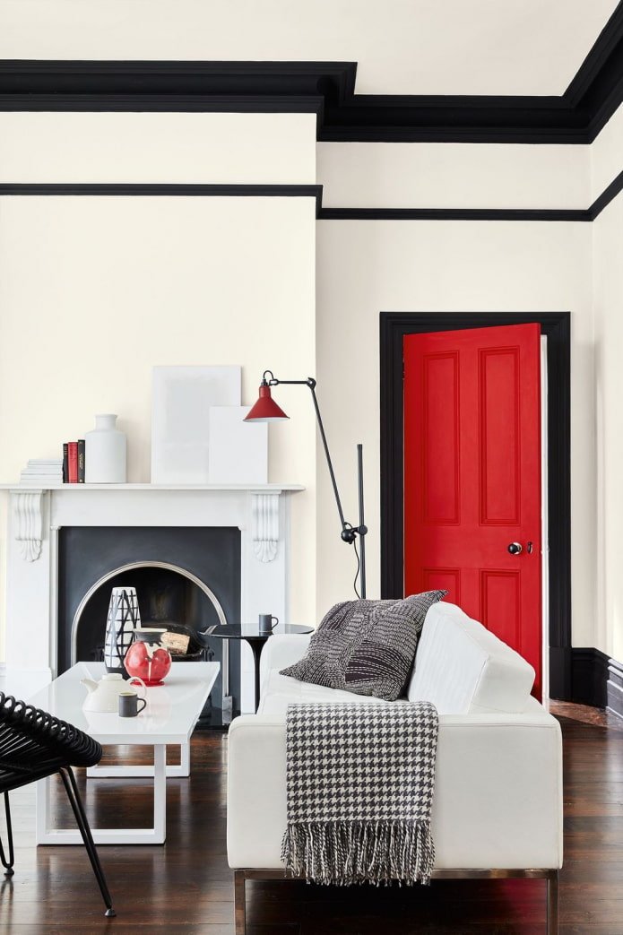 branco, preto e vermelho na sala de estar