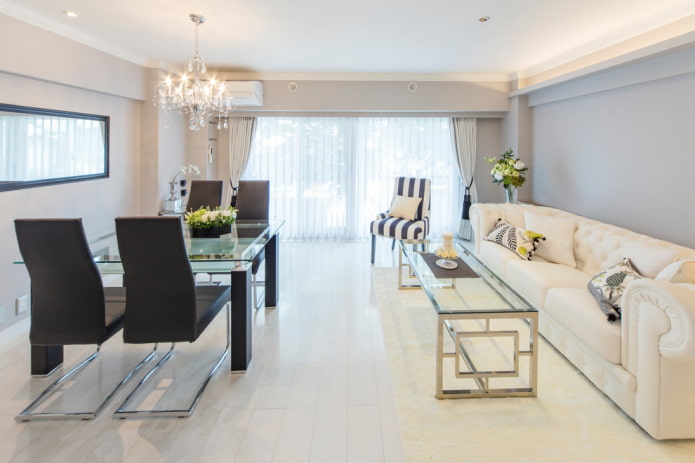 sala de estar-sala de jantar com laminado branco