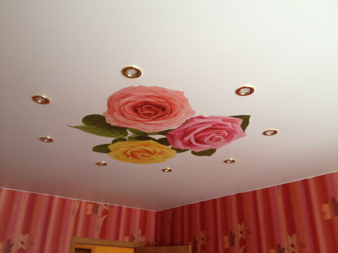 teto tenso branco com flores