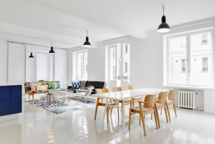 piso branco brilhante no design de um quarto em estilo escandinavo