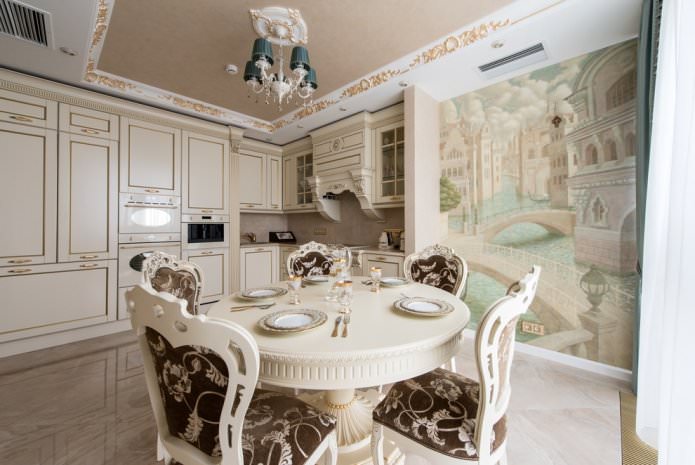 Design de cozinha com papel de parede fotográfico bege