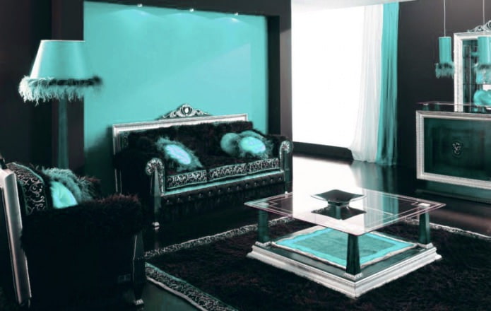 Sala de estar preta e turquesa