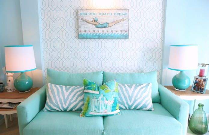 turquesa em uma sala de estar em estilo náutico