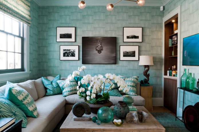 sala de estar aconchegante na cor tiffany