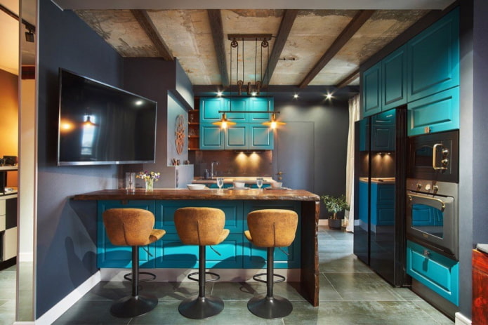 cozinha turquesa em estilo loft