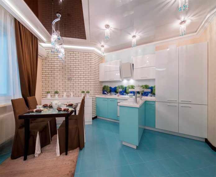 teto em um interior de cozinha em tons de turquesa