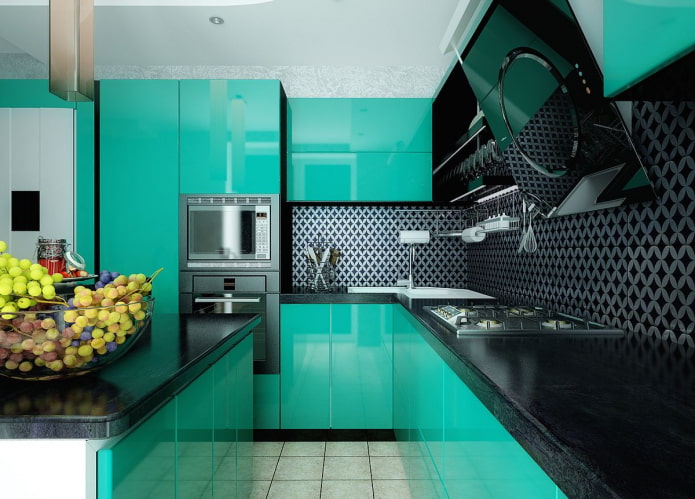 cozinha turquesa em estilo high-tech